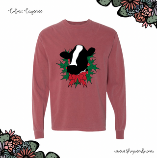 Dairy Cow Christmas Wreath LONG SLEEVE T-Shirt (S-3XL) - Multiple Colors!