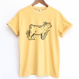 Floral Sketch Cow ComfortWash/ComfortColor T-Shirt (S-4XL) - Multiple Colors!